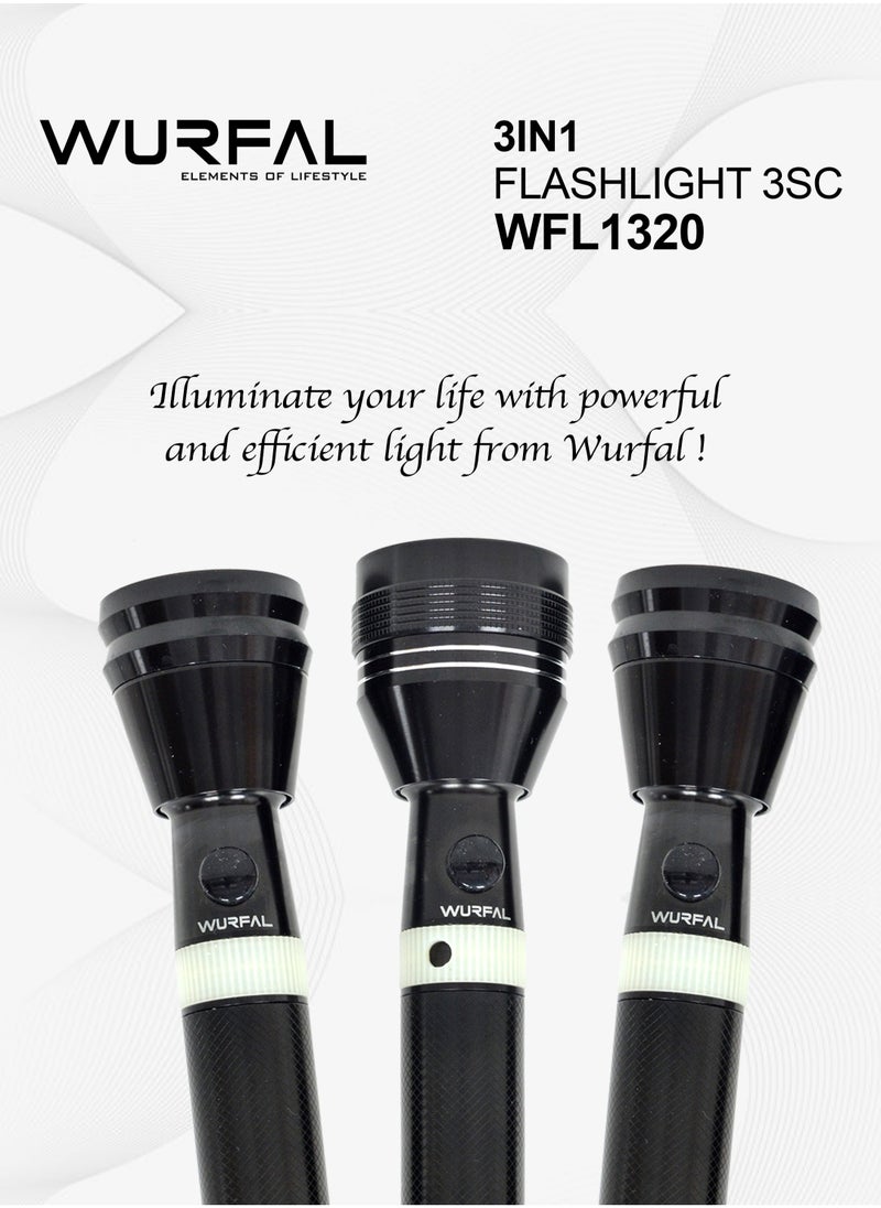 Wurfal WURFAL 3 In 1 LED Flashlight / 3sc Rechargeable LED Flashlight Black WFL1320  - Image 2