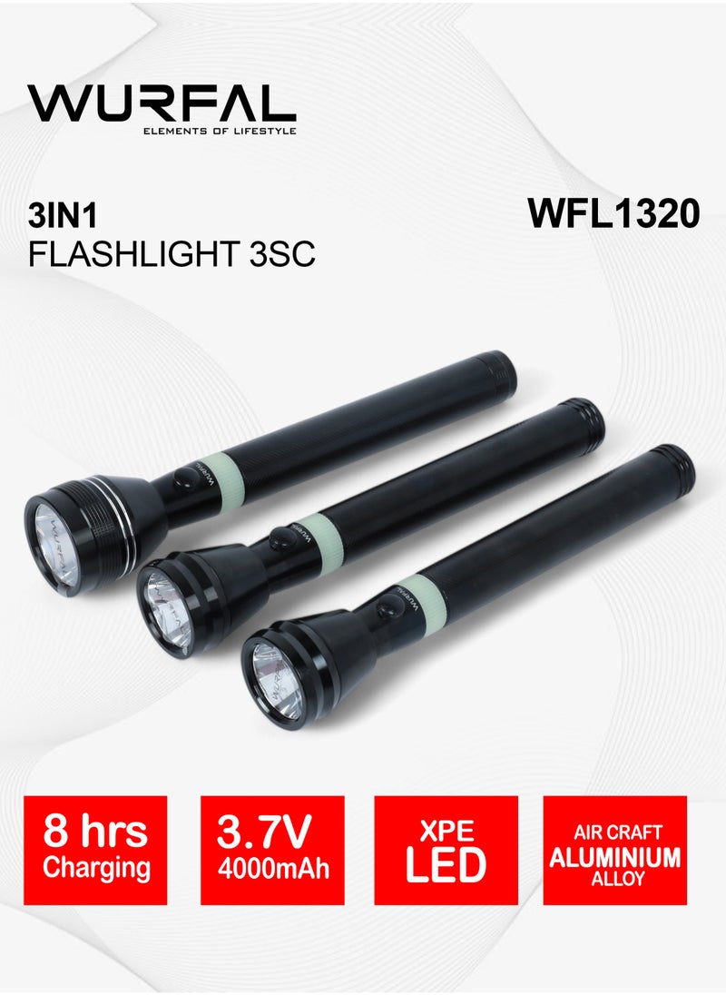Wurfal WURFAL 3 In 1 LED Flashlight / 3sc Rechargeable LED Flashlight Black WFL1320  - Image 4
