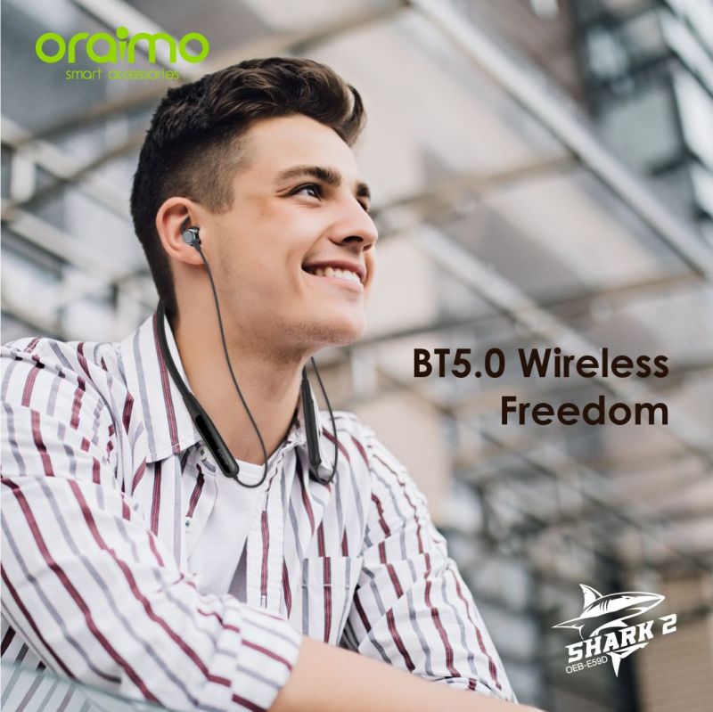 Oraimo BT5.0 Neckband Headphones 10mm Drivers Exceptional Audio Quality In-Line Remote - Lightweight Shark-Fin Earbuds with Microphone for All-Day Wear - Image 3