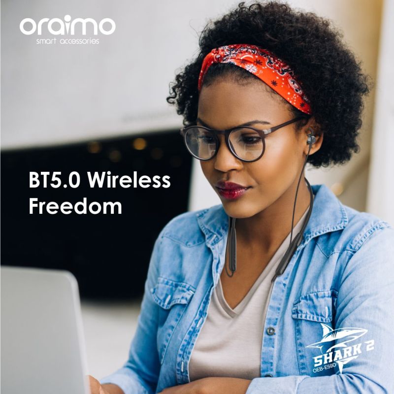 Oraimo BT5.0 Neckband Headphones 10mm Drivers Exceptional Audio Quality In-Line Remote - Lightweight Shark-Fin Earbuds with Microphone for All-Day Wear - Image 4