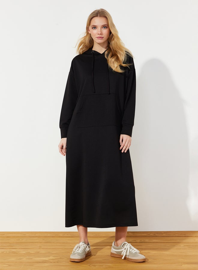 trendyol Black Kangaroo Pocket Hooded Oversize Knitted Sweat Dress - Image 2
