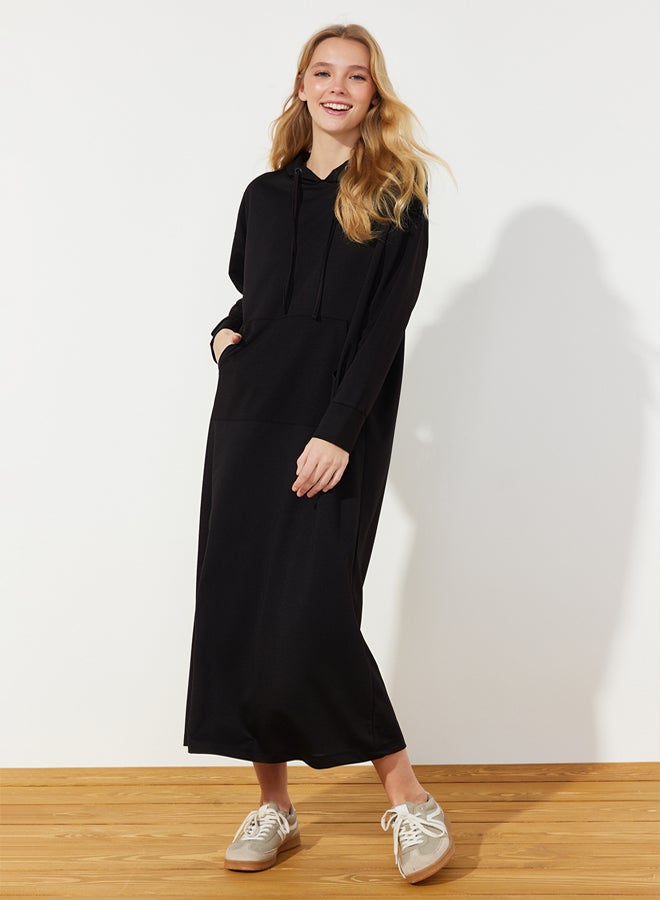 trendyol Black Kangaroo Pocket Hooded Oversize Knitted Sweat Dress - Image 1
