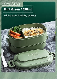 HOMESTAR Double Layer PP Plastic Lunch Box with 3 Grids Bento Box For Kids and Adults Green  - Image 5