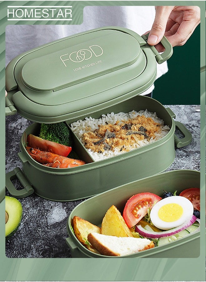 HOMESTAR - Double Layer PP Plastic Lunch Box with 3 Grids Bento Box For Kids and Adults Green - Image 1
