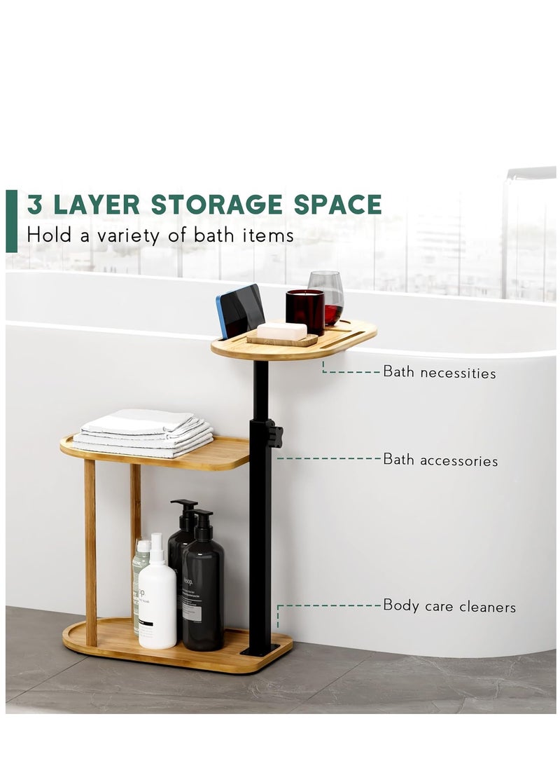 XICEN 3 Layer Bathroom Storage Rack, Bathtub Tray Table with Adjustable Height, Freestanding Bamboo Storage Organizer Shelf  - Image 3