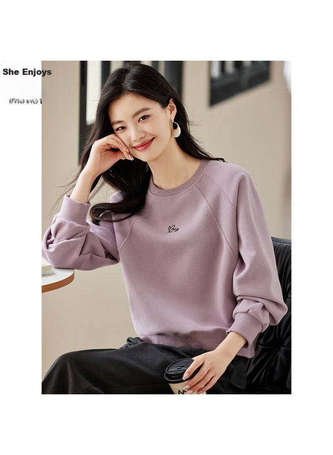 She enjoys She Xiang Round Neck Sweatshirt For Women, Spring And Autumn Raglan Sleeve Short Top, Letter And Heart Embroidery, Youthful Pullover T143w1005 - Image 1