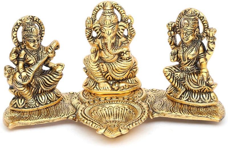 CHHARIYA CRAFTS Laxmi Ganesha Saraswati with Diya On Leaf Statue Idol Murti for Home and Office in Metal Decorative Showpiece - 20 cm (Metal, Gold) - Image 3