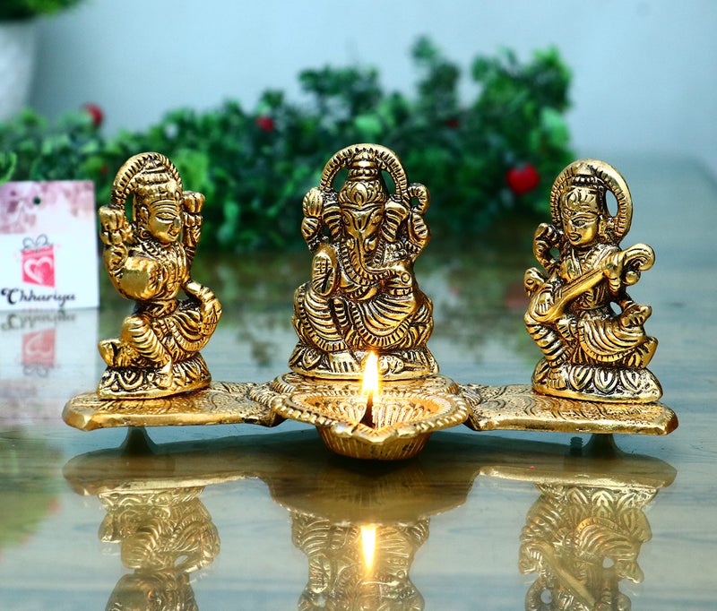 CHHARIYA CRAFTS Laxmi Ganesha Saraswati with Diya On Leaf Statue Idol Murti for Home and Office in Metal Decorative Showpiece - 20 cm (Metal, Gold) - Image 5