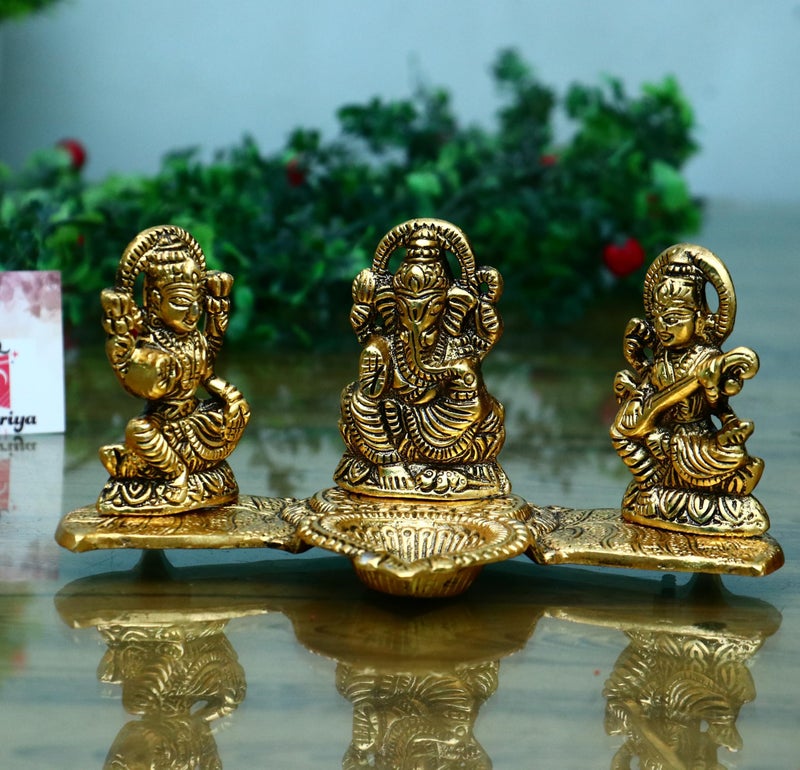 CHHARIYA CRAFTS Laxmi Ganesha Saraswati with Diya On Leaf Statue Idol Murti for Home and Office in Metal Decorative Showpiece - 20 cm (Metal, Gold) - Image 2
