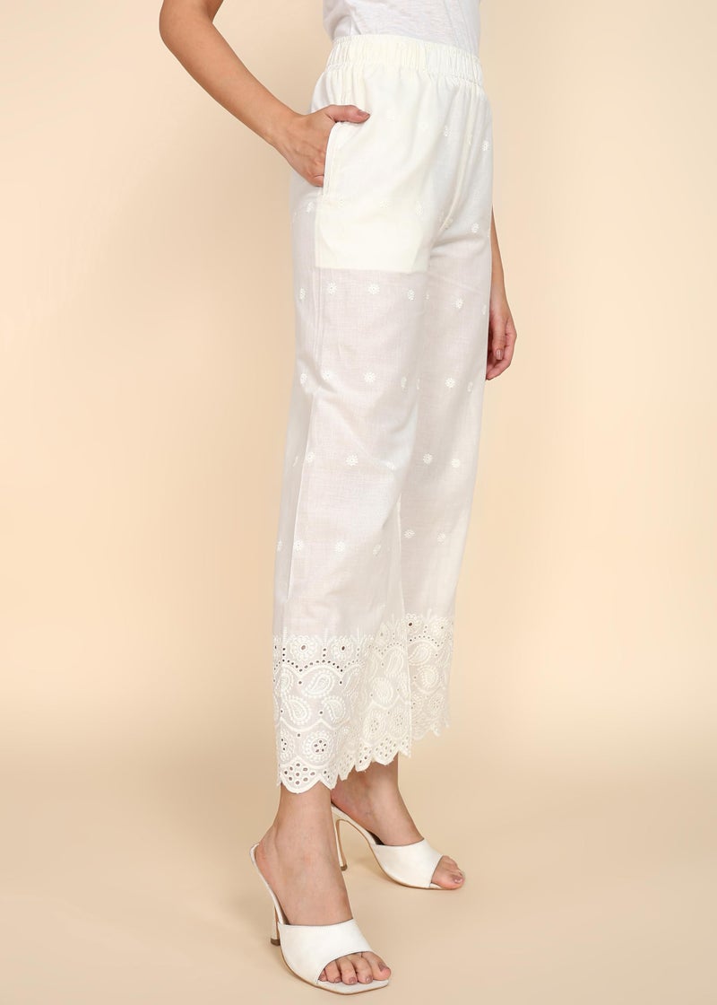 Averno Women's Regular Fit Chikankari Cotton Palazzo| Loose Fit Flared Wide Leg Palazzo Pants for Women and Girls | Ideal for Festival, Ethnic & Office (Off White,S) - Image 3