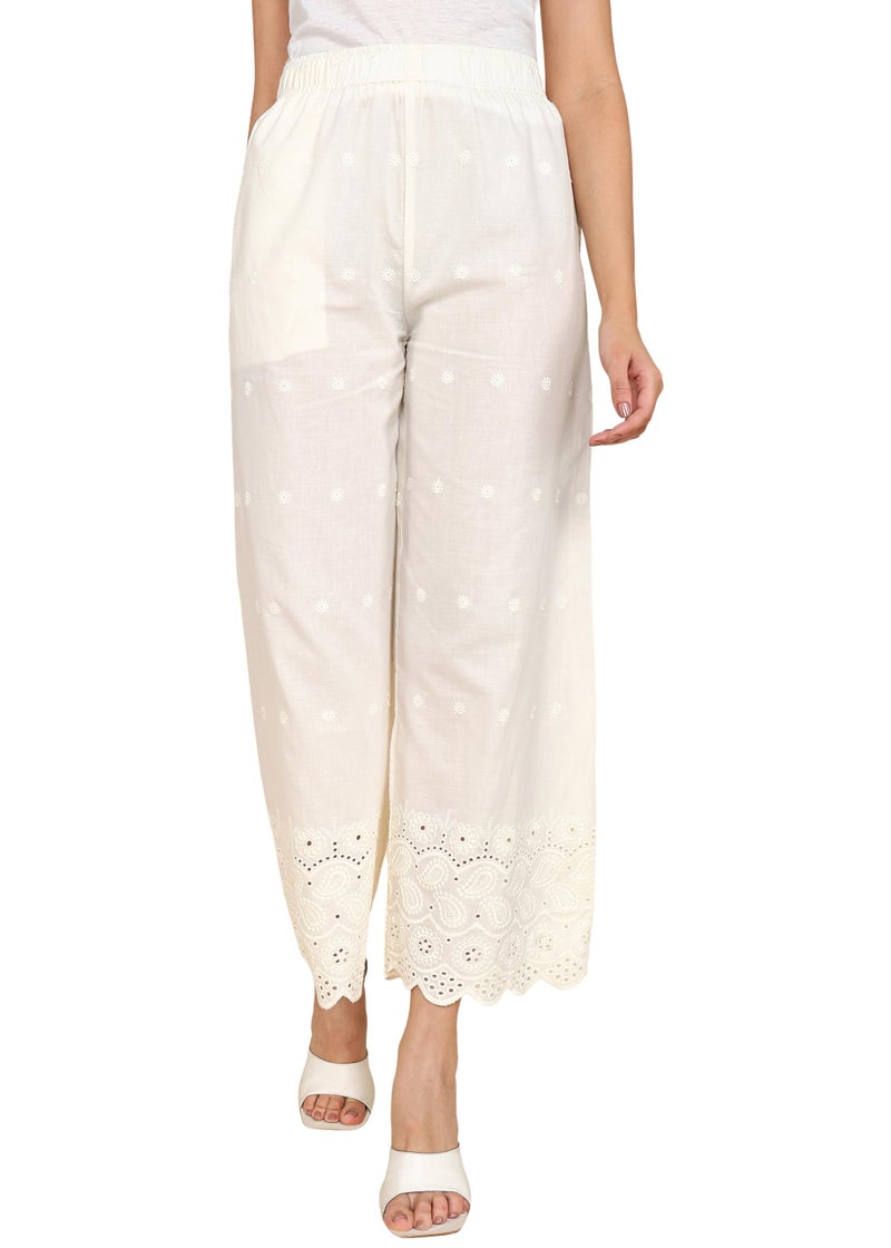 Averno Women's Regular Fit Chikankari Cotton Palazzo| Loose Fit Flared Wide Leg Palazzo Pants for Women and Girls | Ideal for Festival, Ethnic & Office (Off White,S) - Image 1