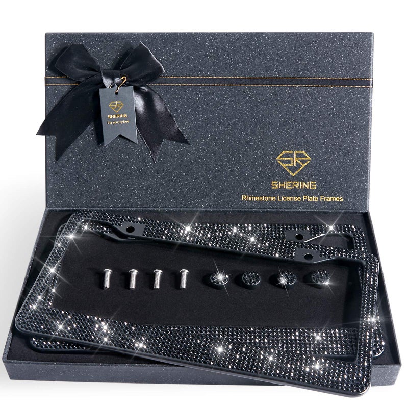 Shering Bling 2 Pack License Plate Frame with Premium Gift Box 1200pcs Rhinestones for Women Black Rhinestones