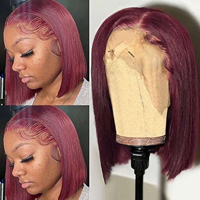 Smartinnov Burgundy Bob Wigs Pre Plucked Human Hair 13x4 Lace Frontal Wig 10Inch 180 Density 99j Wine Red Color Middle Part Glueless Lace Bob Wigs for Women Can be Restyled