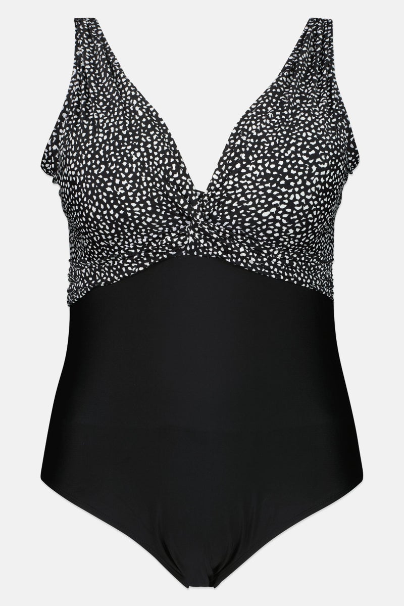 Caribbean Sand Women Plus Size Padded Graphic Print One Piece Swimsuit, Black - Image 1