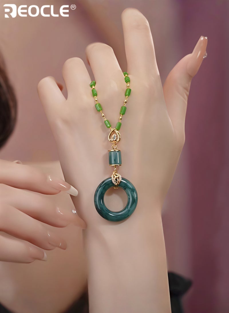 REOCLE Women's Jade Pendant Necklace with Diamond Design Jade Good Fortune Pendant Necklace Amulet Gifts for Ladies - Image 4