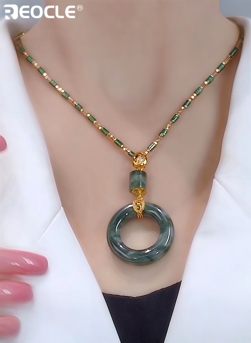 REOCLE Women's Jade Pendant Necklace with Diamond Design Jade Good Fortune Pendant Necklace Amulet Gifts for Ladies - Image 1