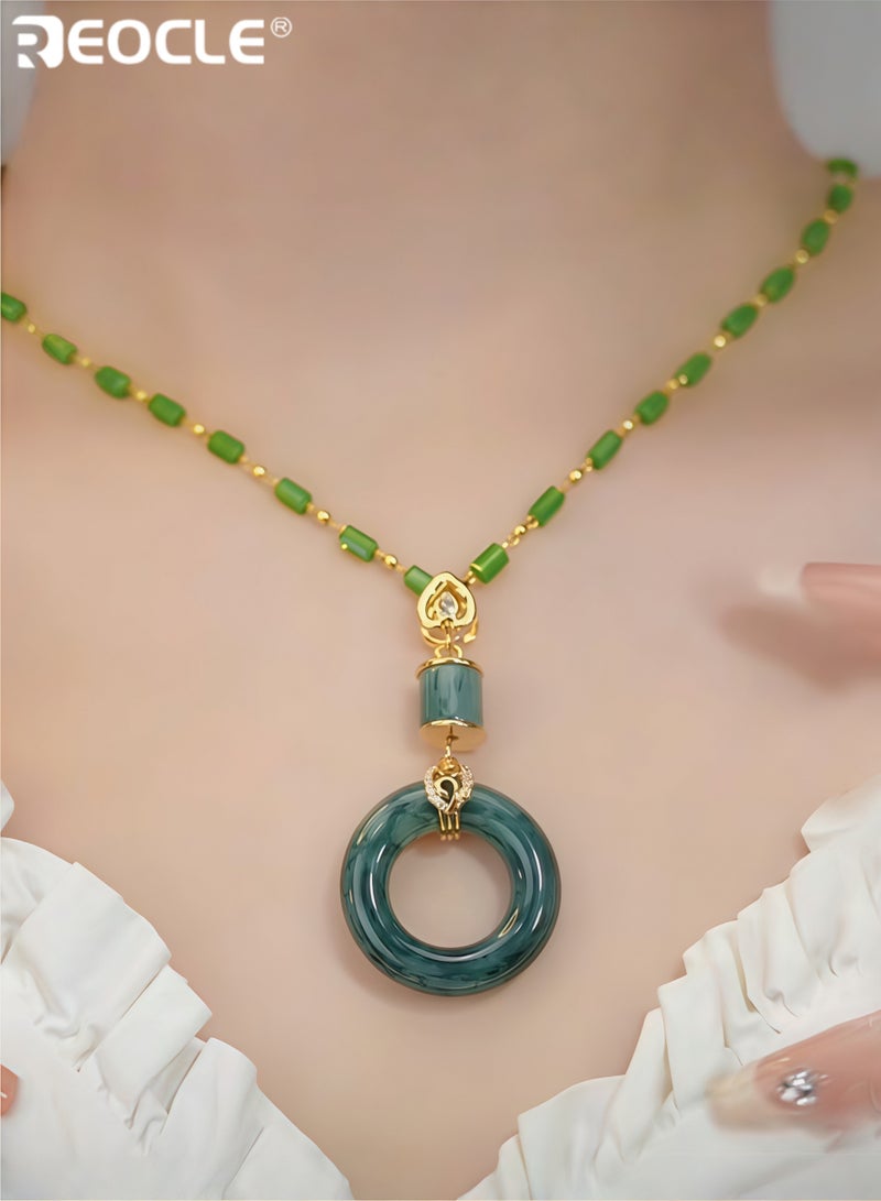 REOCLE Women's Jade Pendant Necklace with Diamond Design Jade Good Fortune Pendant Necklace Amulet Gifts for Ladies - Image 2