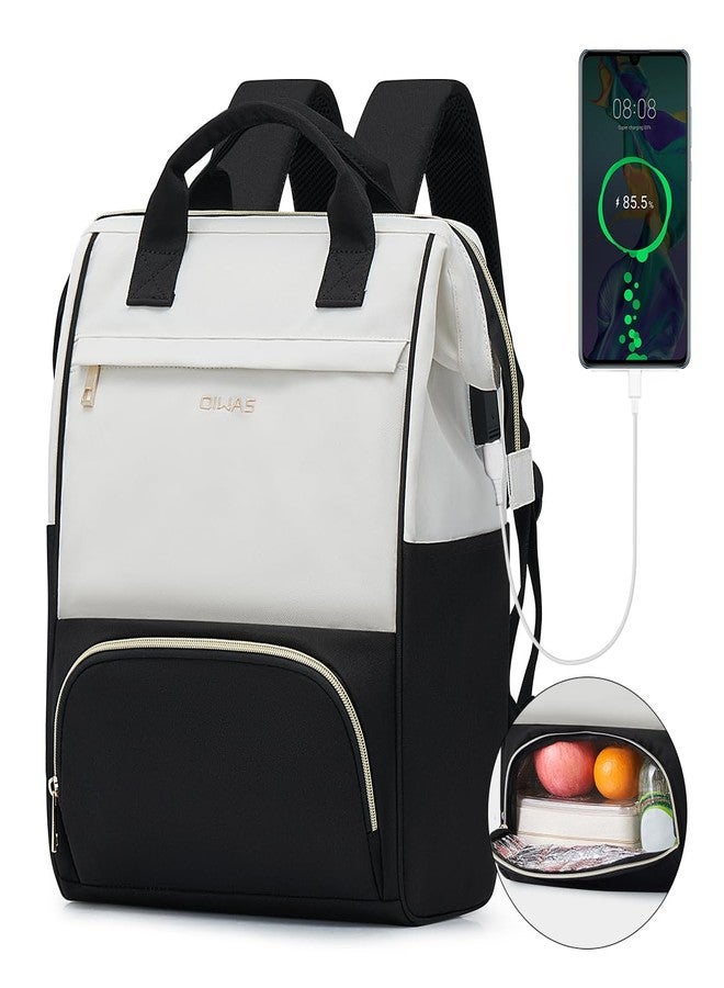 OIWAS Lunch Backpack for Women, 15.6 inch Laptop Backpack with USB Port for Men Travel Work, Beige Black, Medium, Classic - Image 1