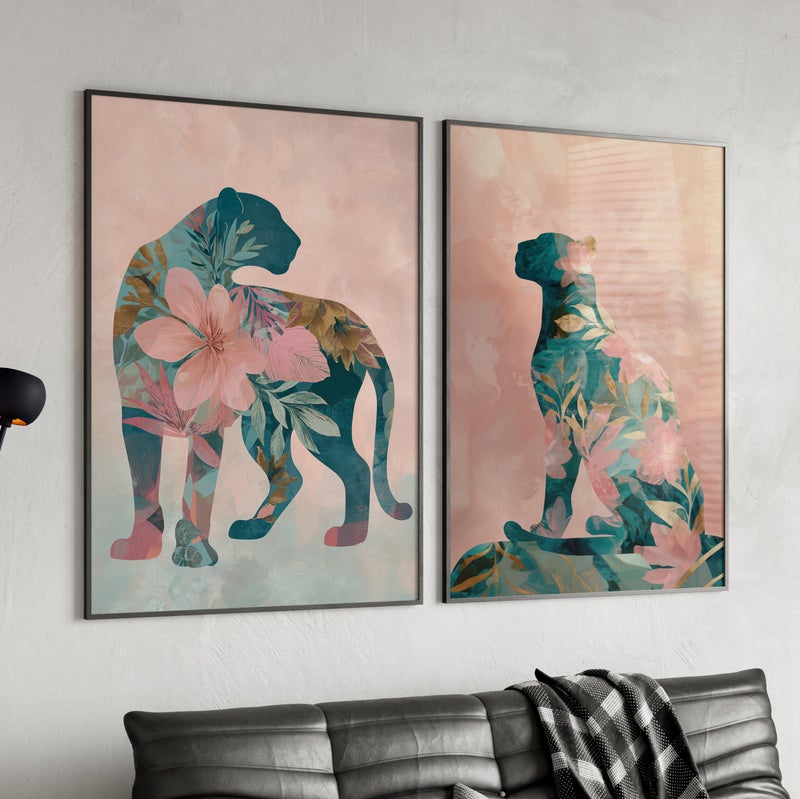 TNESSENTIAL Bold Panther Silhouette with Floral Patterns Set of 2 Poster or Canvas Print, Pink and Teal Jungle Art, Modern Feminine Botanical Wall Décor - Image 4
