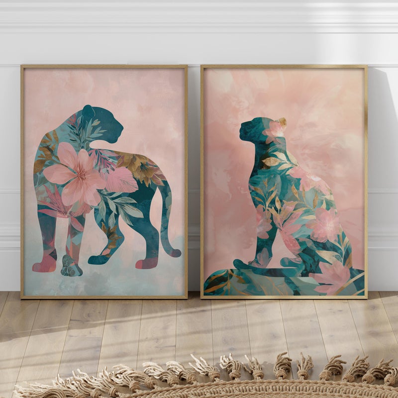 TNESSENTIAL Bold Panther Silhouette with Floral Patterns Set of 2 Poster or Canvas Print, Pink and Teal Jungle Art, Modern Feminine Botanical Wall Décor - Image 1