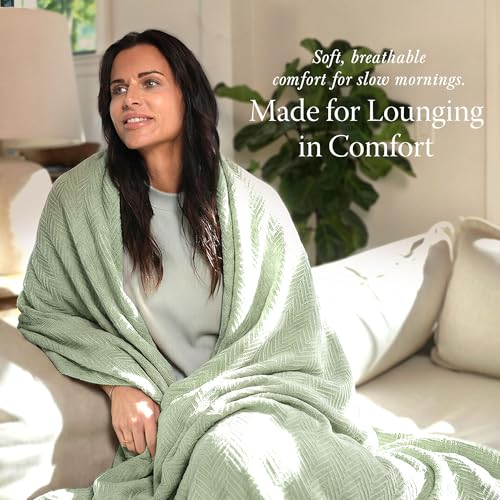 Threadmill Luxury Cotton Blankets Queen Size | All-Season 100% Cotton Blanket for Queen/Full Size Bed | Herringbone Soft Breathable | Sage Green - Image 3