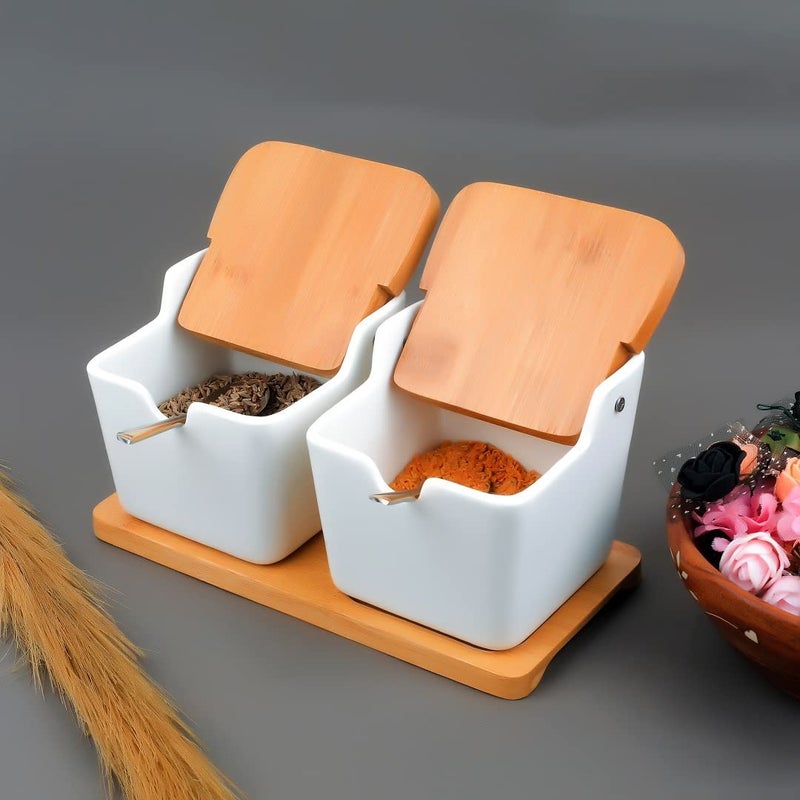 Tendula 2 Pcs Porcelain Condiment Jar Spice Container Ceramic Seasoning Jar with Lid Spoon and Tray Great for Home Kitchen Counter - Image 4
