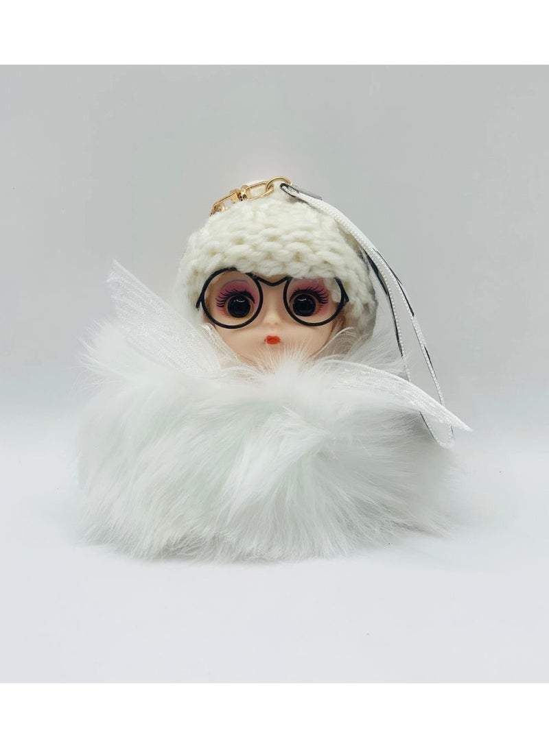 Earss Luxury Real Fox Fur Pom-Pom Keychain – Cute Big-Eyed Doll Charm for Women, High-End Bag Accessory, Key Ring, Elegant Gift for Kids & Adults (White) - Image 1