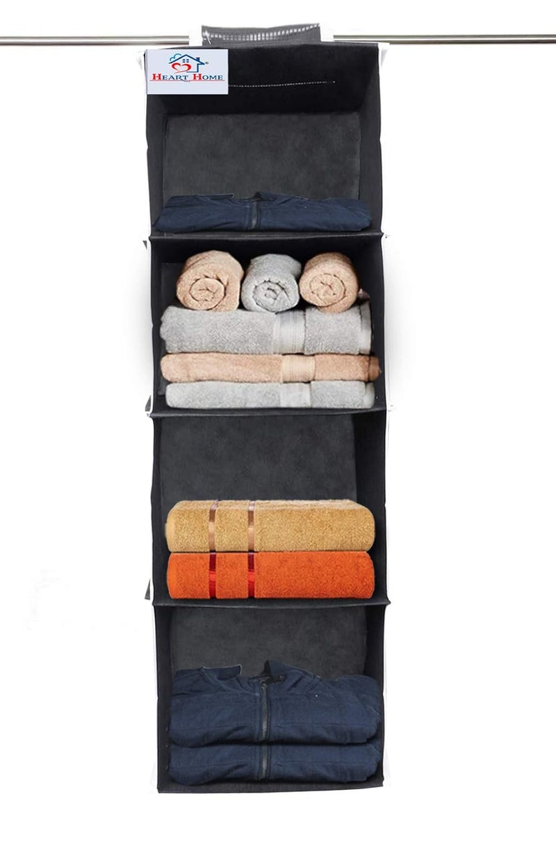 Kuber Industries Heart Home Non Woven Hanging 4 Shelves Foldable WardrobeCloset Cloth Organizer BlackHHEART15328 - Image 1