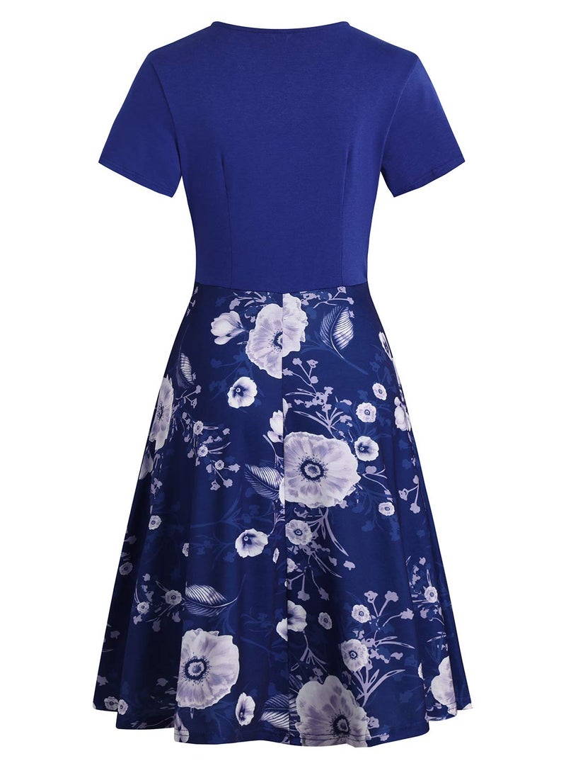 HELYO Women's Elegant Criss-Cross V Neck Vintage Short Sleeve Work Casual Party Swing Tea Dress with Pockets 980 (M, Blue White) - Image 3