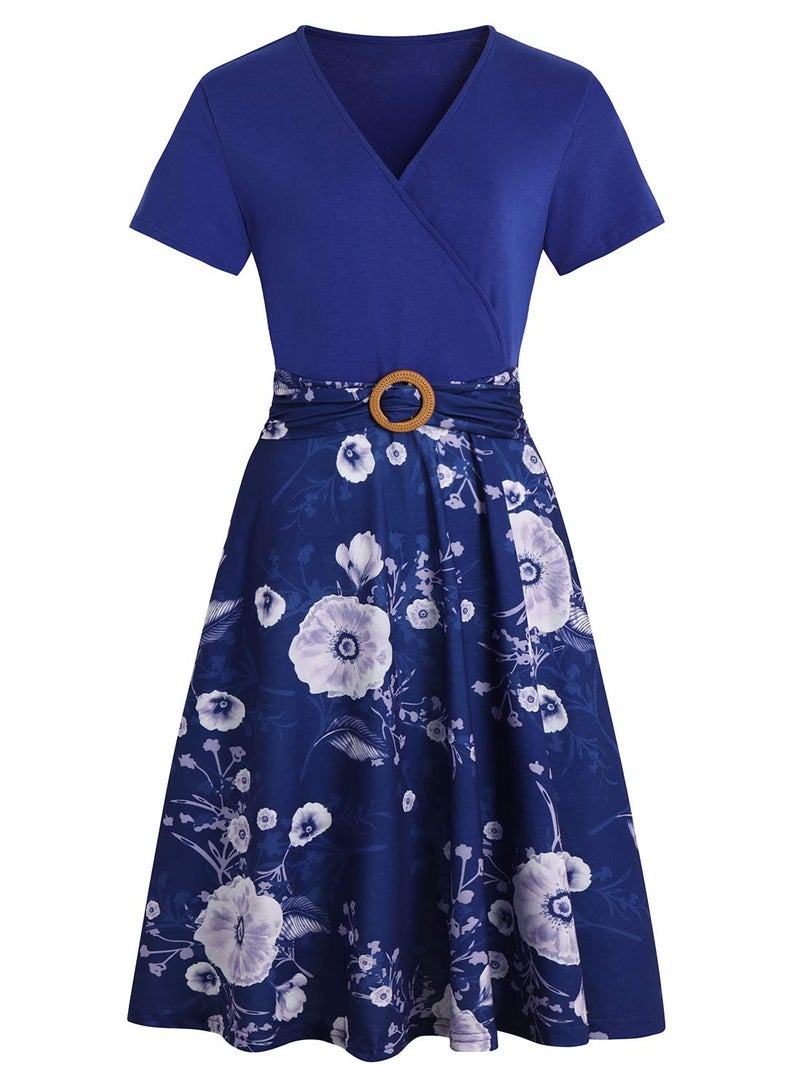 HELYO Women's Elegant Criss-Cross V Neck Vintage Short Sleeve Work Casual Party Swing Tea Dress with Pockets 980 (M, Blue White) - Image 2