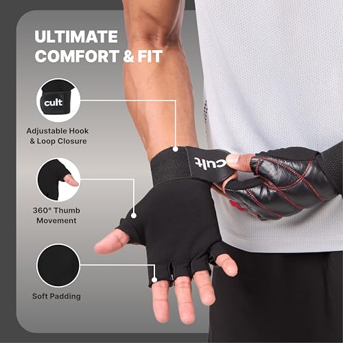 CULT Fitness Training Gloves for Men & Women – Premium Grip Unisex Workout Gloves with Breathable Lycra & Half-Finger Design – Durable, Anti-Slip, Sweat-Absorbent Gym Gloves -Black Red | Large - Image 3