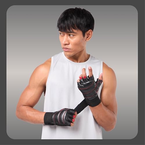 CULT Fitness Training Gloves for Men & Women – Premium Grip Unisex Workout Gloves with Breathable Lycra & Half-Finger Design – Durable, Anti-Slip, Sweat-Absorbent Gym Gloves -Black Red | Large - Image 2