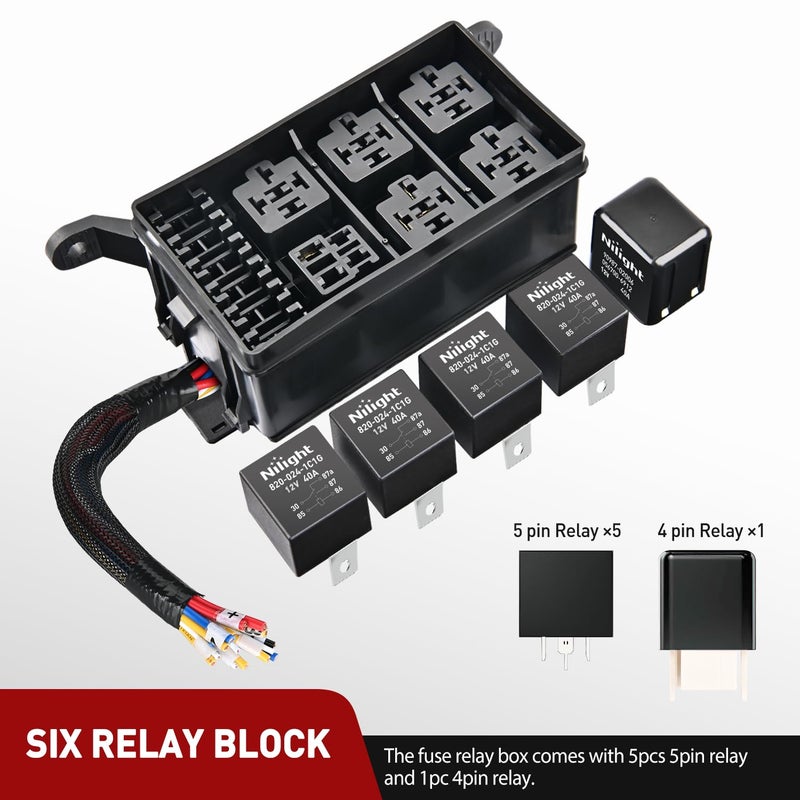 Nilight 12V Fuse Relay Box 6 Relays 6 Slots ATC/ATO Blade Fuse Holder 4Pin 5Pin Terminal 40A Relay Pre-Wired Waterproof Block Kit Universal for Automotive Car Truck Camper Boat - Image 2
