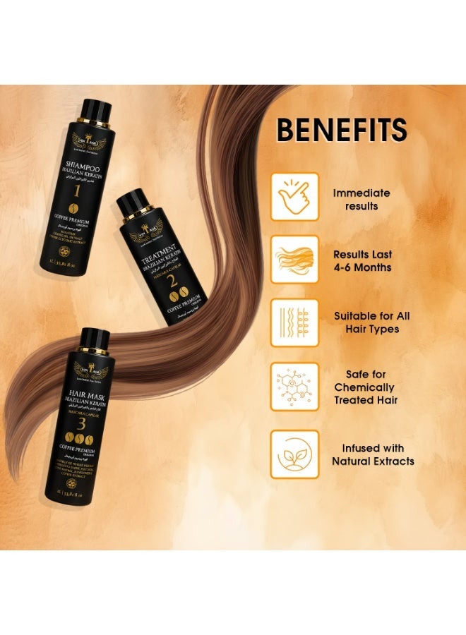Vintage Brazilian Keratin Hair Treatment Kit 3-Step Hair Straightening Set with Coffee Extract | Shampoo + Treatment + Hair Mask | Anti-Frizz & Hair Repair | 120ml x 3 - Image 5