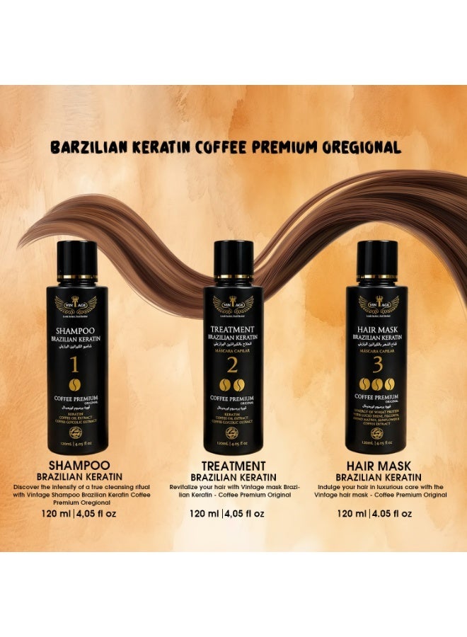 Vintage Brazilian Keratin Hair Treatment Kit 3-Step Hair Straightening Set with Coffee Extract | Shampoo + Treatment + Hair Mask | Anti-Frizz & Hair Repair | 120ml x 3 - Image 2