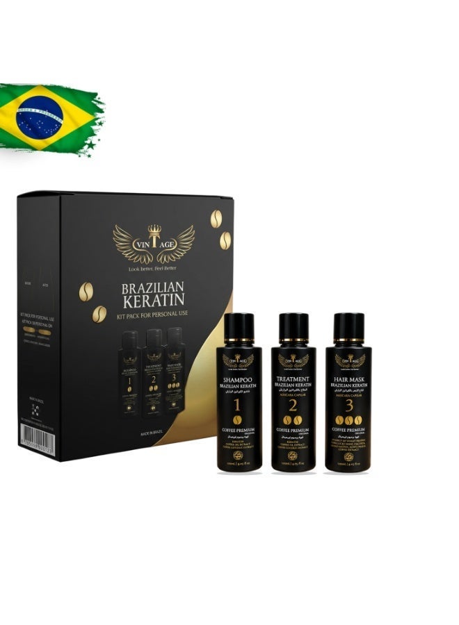 Vintage Brazilian Keratin Hair Treatment Kit 3-Step Hair Straightening Set with Coffee Extract | Shampoo + Treatment + Hair Mask | Anti-Frizz & Hair Repair | 120ml x 3 - Image 1