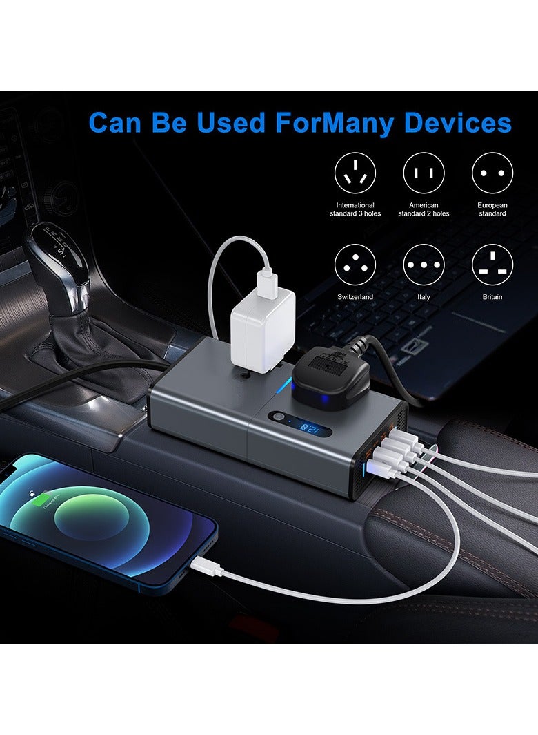 200W Car Power Inverter, DC 12V to 220V AC Car Inverter Suitable for Cars  SUVs with 2 AC Outlets, 3 USB, 1 Type C Port and LED display (Silver Grey) - Image 5