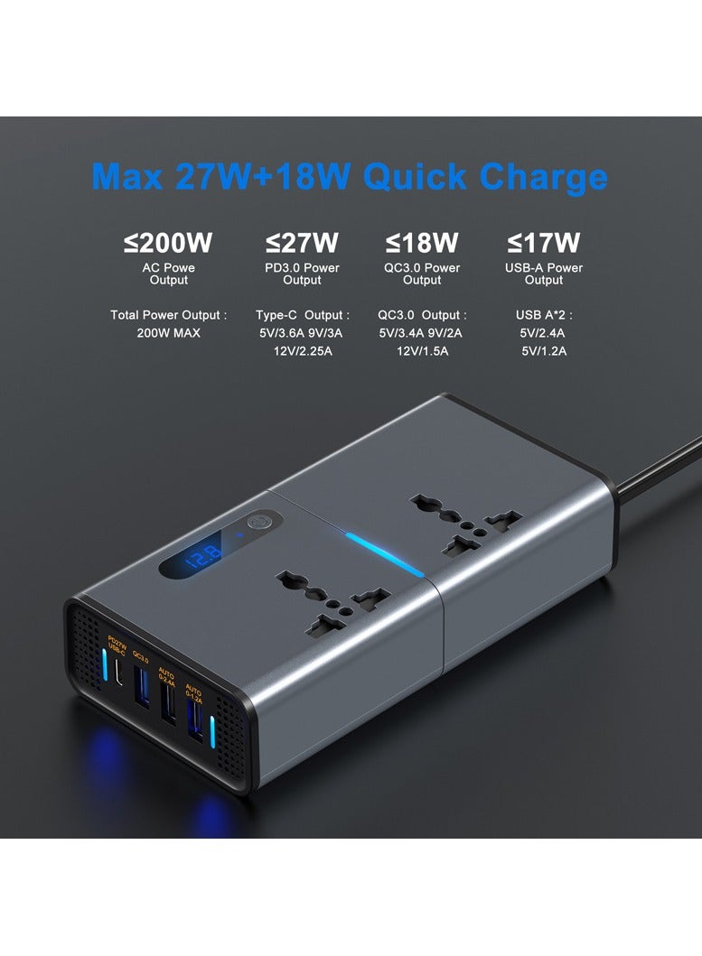 200W Car Power Inverter, DC 12V to 220V AC Car Inverter Suitable for Cars  SUVs with 2 AC Outlets, 3 USB, 1 Type C Port and LED display (Silver Grey) - Image 2