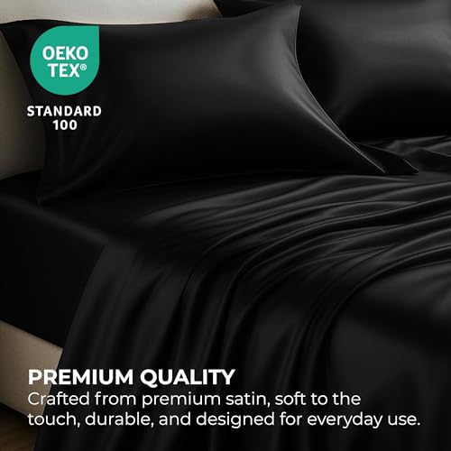 Pure Bedding أوراق سرير ساتان نقي كينغ [4 قطع، أسود] - أوراق سرير فاخرة حريرية - مجموعة أوراق ميكروفايبر ناعمة للغاية 1800، مقاومة للتجاعيد، مقاومة للتلاشي، ورقة ملائمة بجيب عميق، ورقة مسطحة، أغطية وسائد - Image 2