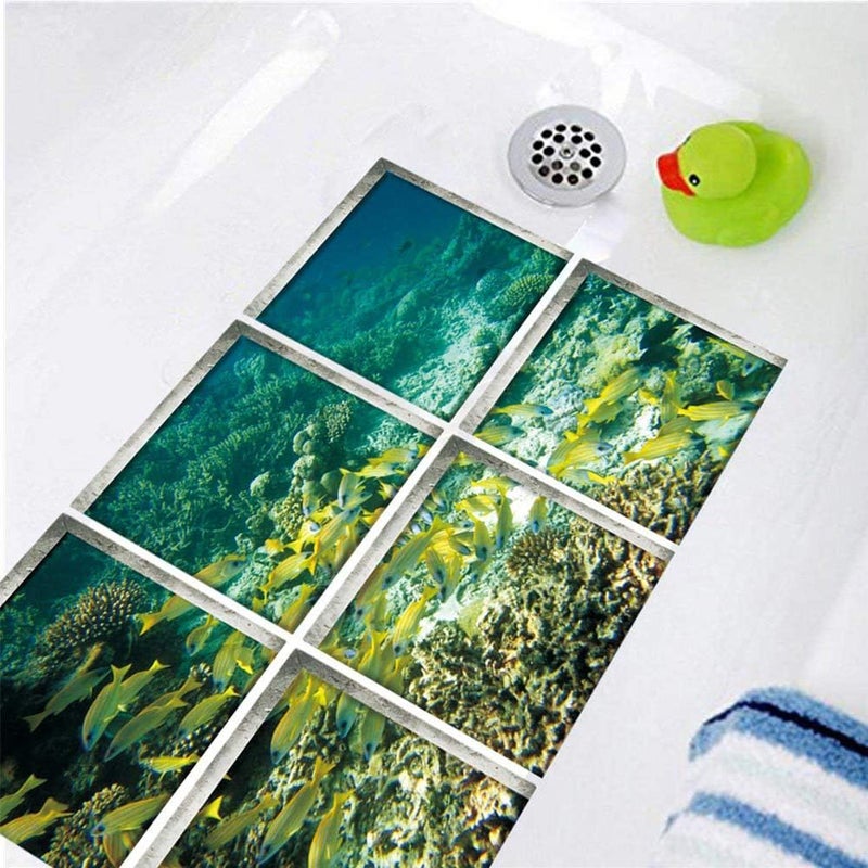 ChezMax Bath Treads Stickers Sea Fish Pattern Square 3D Adhesive Anti Slip Tub Tattoos Safety Decals Mat Waterproof Shower Tub Sticker Bathtub Appliques for Bath Pools Home Decor 6 Pcs 5.9" X 5.9" - Image 1