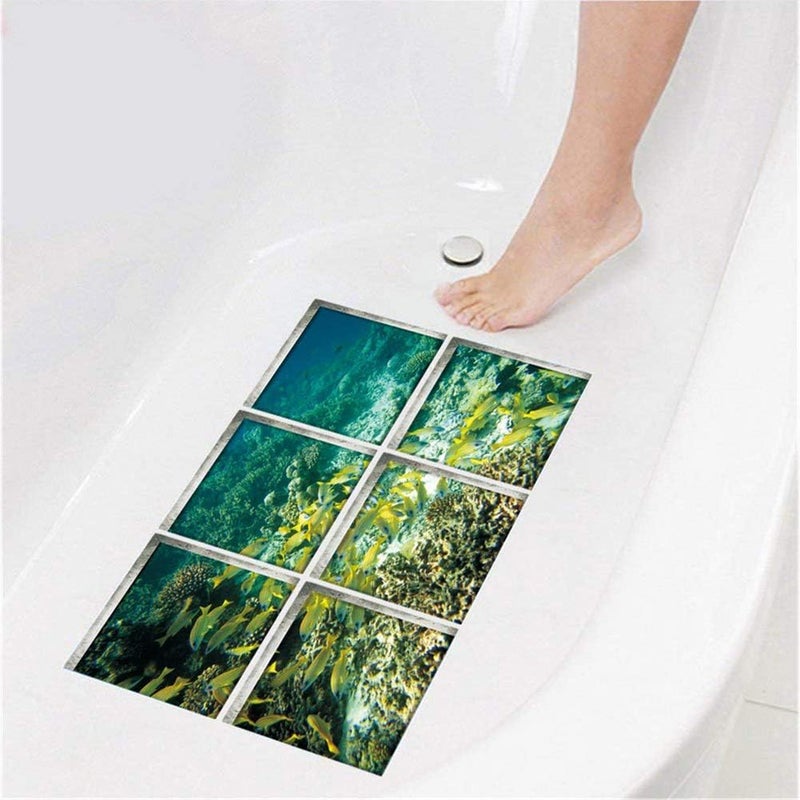 ChezMax Bath Treads Stickers Sea Fish Pattern Square 3D Adhesive Anti Slip Tub Tattoos Safety Decals Mat Waterproof Shower Tub Sticker Bathtub Appliques for Bath Pools Home Decor 6 Pcs 5.9" X 5.9" - Image 2