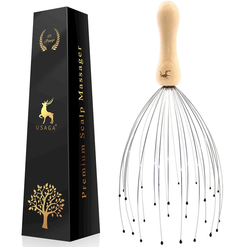 USAGA 28 Finger Head Scratcher, Head Massager, Scalp Massager, Stocking Stuffers Gift for Scalp Body Relaxing Wood Handle (1 Pack) - Image 1