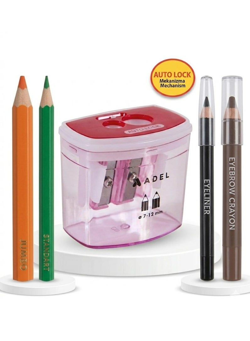 Adel Double Reservoir Pencil Sharpener with Secure Auto Lock - Ideal for School Pencils, Makeup Pencils, and Beauty Pencils (Standard and Jumbo Sizes), Two Holes, Compact Pencil Sharpener for School, Home, and Office - Image 1