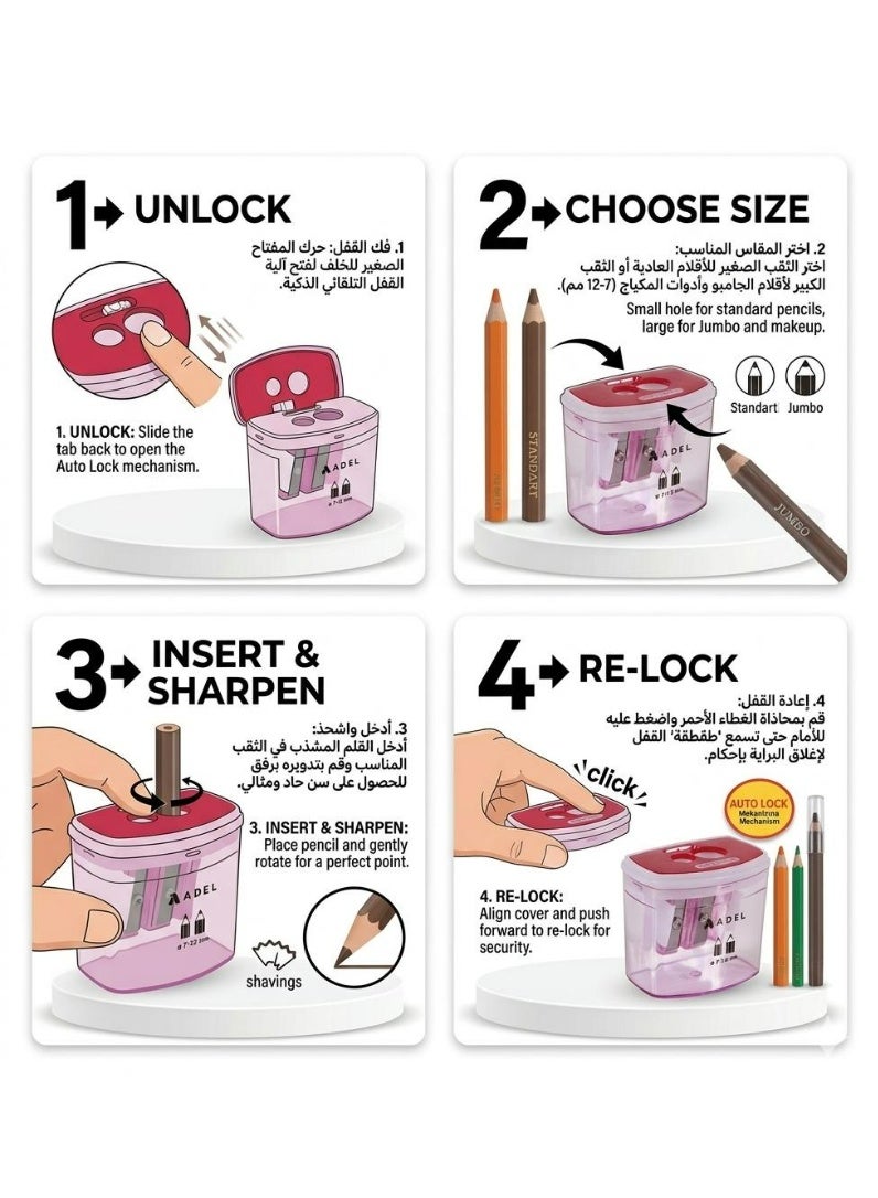 Adel Double Reservoir Pencil Sharpener with Secure Auto Lock - Ideal for School Pencils, Makeup Pencils, and Beauty Pencils (Standard and Jumbo Sizes), Two Holes, Compact Pencil Sharpener for School, Home, and Office - Image 5