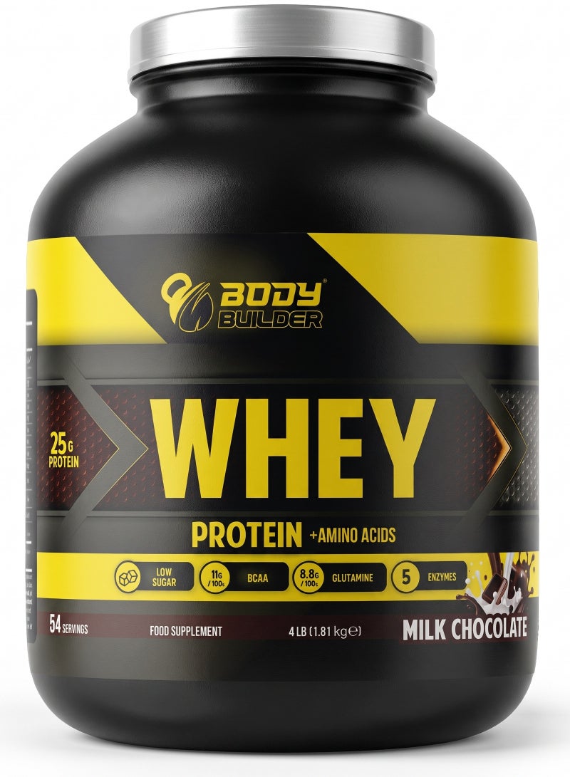 Body Builder Whey Protein Powder Milk Chocolate 4 LB, Whey Isolate & Concentrate Blend, 25g Protein Per Serving, BCAA & Glutamine, Digestive Enzyme Blend, Low Sugar Sports Nutrition Powder - Image 1
