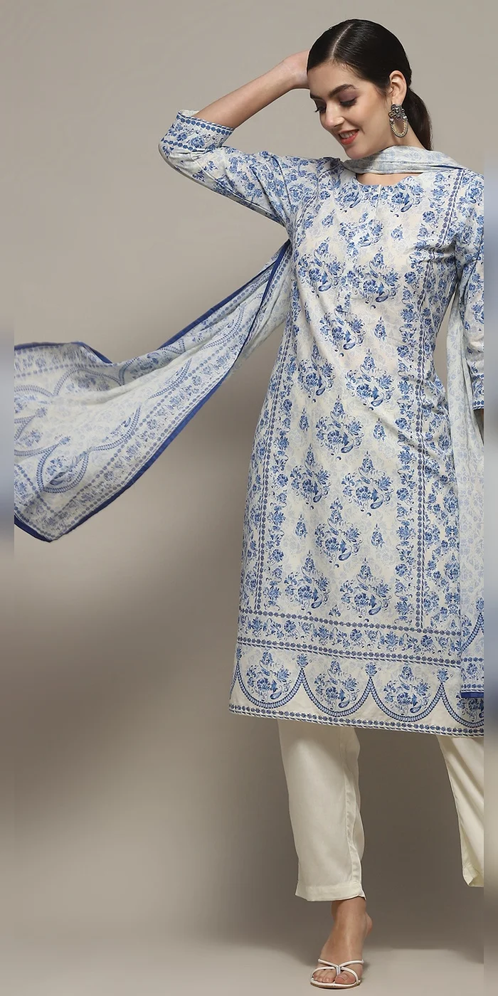 Women Off-White And Blue Cotton Floral Straight Suit Set
