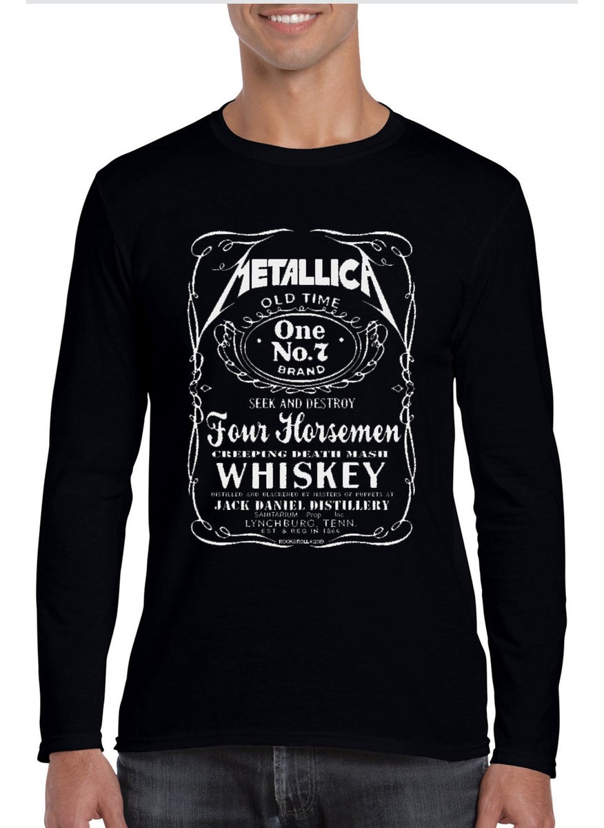 Rock&Roll Metallica Jack Logo Crew Neck Black Long Sleeve Combed Cotton Men's T-Shirt  - Image 1