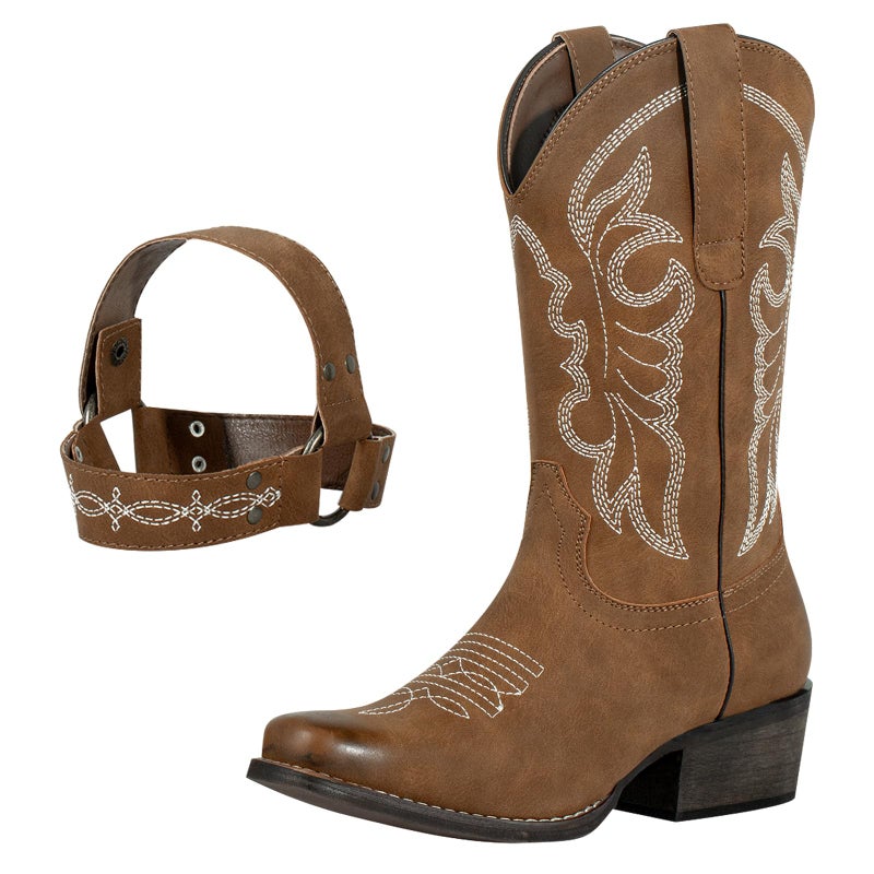 J's.o.l.e Women's Square Toe Cowgirl Cowboy Boots Mid Calf Western Riding Boots with Fashion Buckle Strap Brown US 8 - Image 5