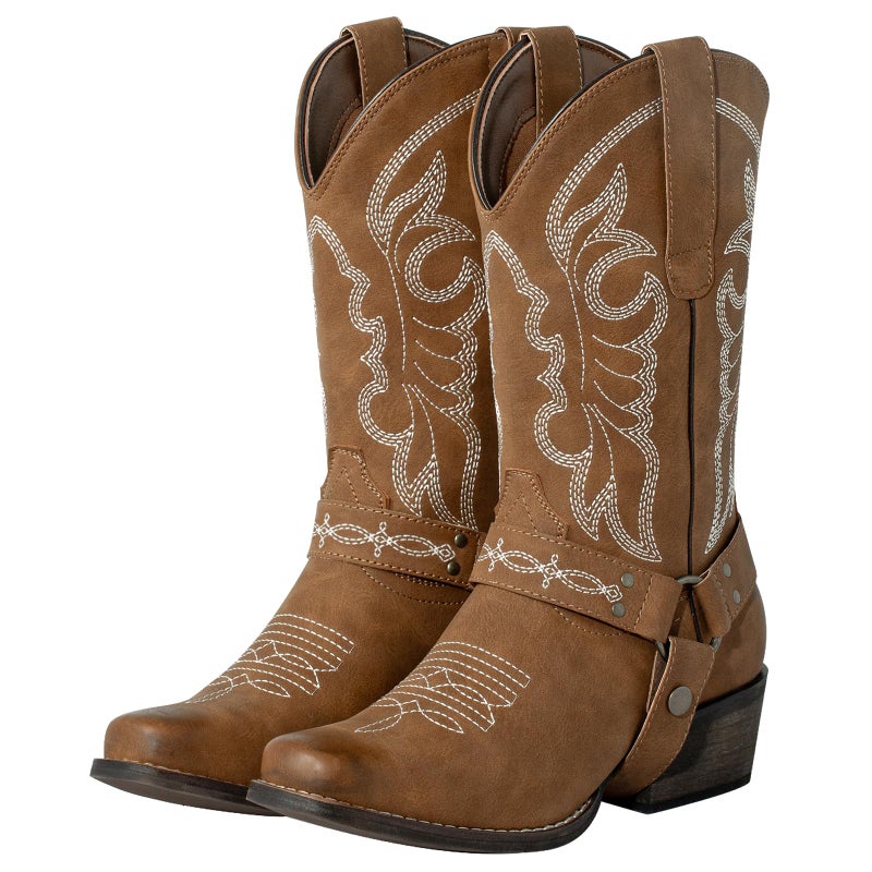 J's.o.l.e Women's Square Toe Cowgirl Cowboy Boots Mid Calf Western Riding Boots with Fashion Buckle Strap Brown US 8 - Image 1