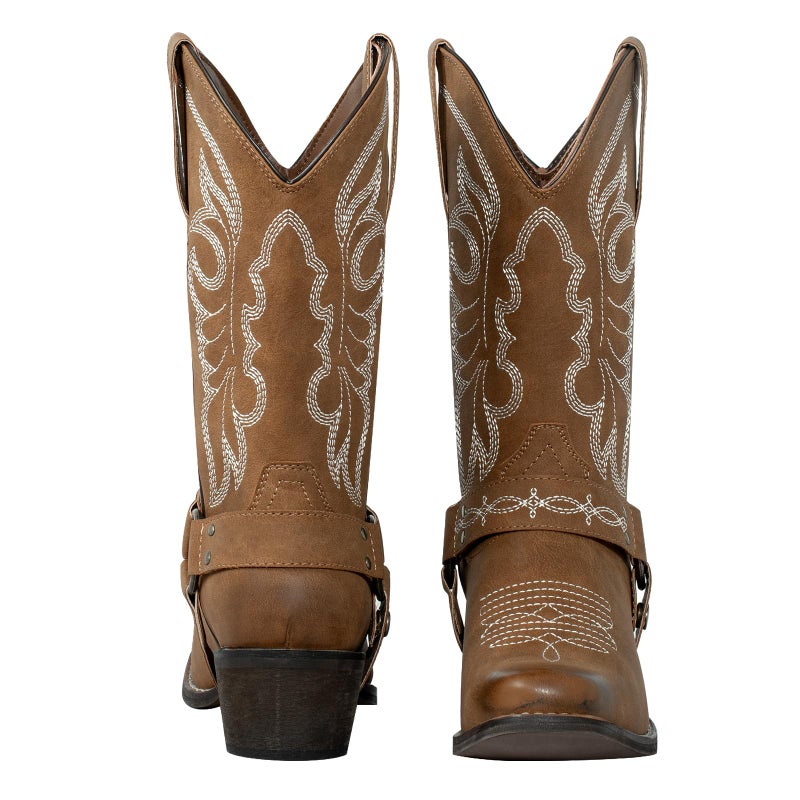 J's.o.l.e Women's Square Toe Cowgirl Cowboy Boots Mid Calf Western Riding Boots with Fashion Buckle Strap Brown US 8 - Image 4